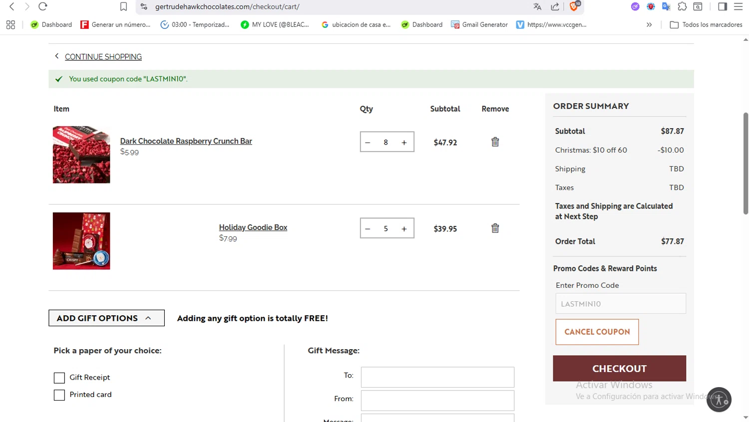 Gertrude Hawk Chocolates checkout page showing Gertrude Hawk Chocolates coupon code box | Screenshot taken by SimplyCodes community member on Dec 19, 2025