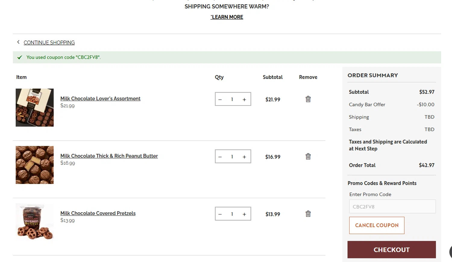 Gertrude Hawk Chocolates coupon code screenshot showing code CBC2FV8 applied at Gertrude Hawk Chocolates checkout page. Uploaded by SimplyCodes community member reimalave10 on Nov 7, 2025