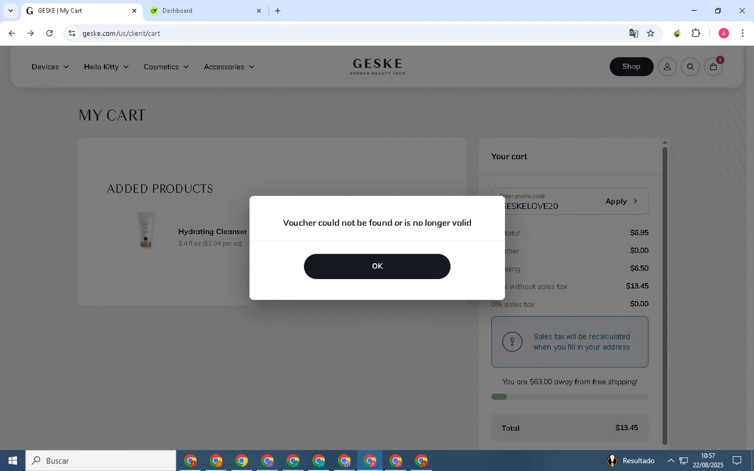 GESKE promo code screenshot showing code GESKELOVE20 applied at GESKE checkout page. Uploaded by SimplyCodes community member Elcogeculo on Aug 22, 2025