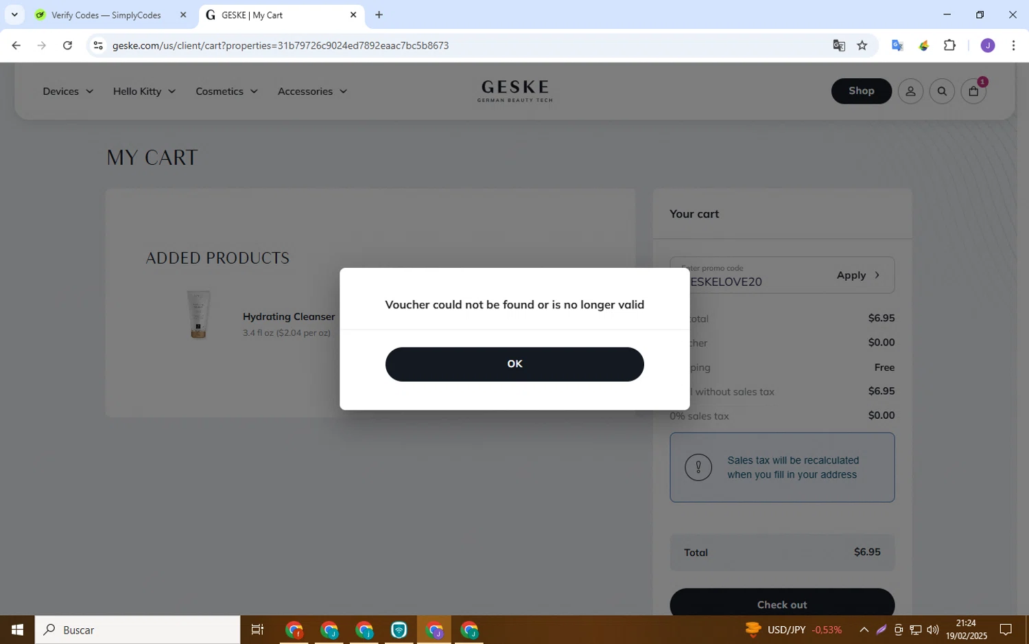 GESKE promo code screenshot showing code GESKELOVE20 applied at GESKE checkout page. Uploaded by SimplyCodes community member MoneyPro9023 on Feb 20, 2025