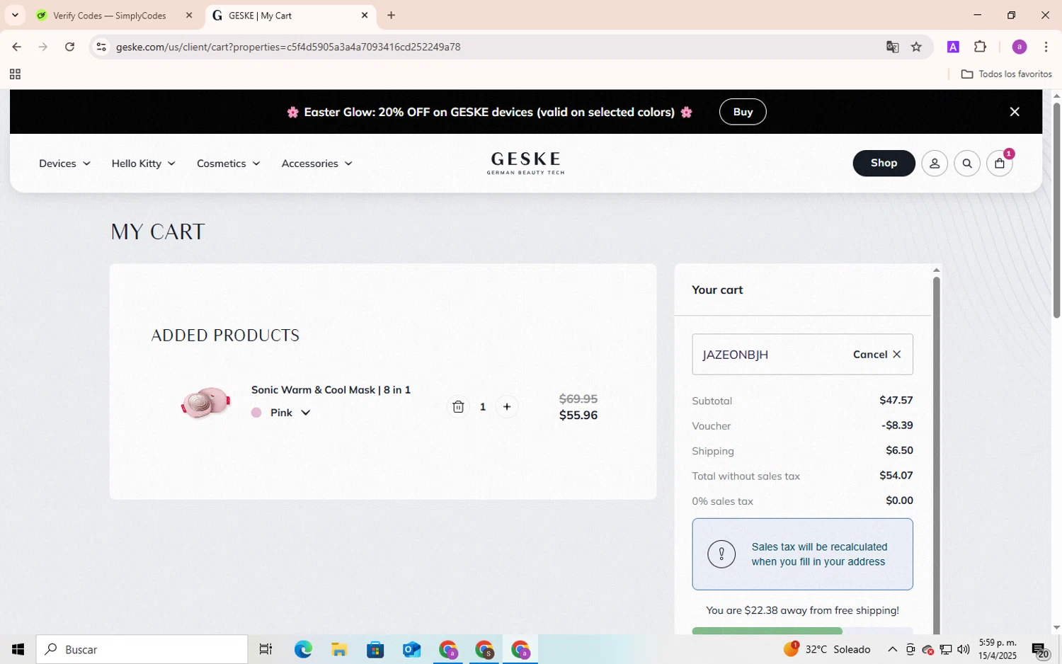 GESKE checkout page showing GESKE promo code box | Screenshot taken by SimplyCodes community member on Apr 15, 2025
