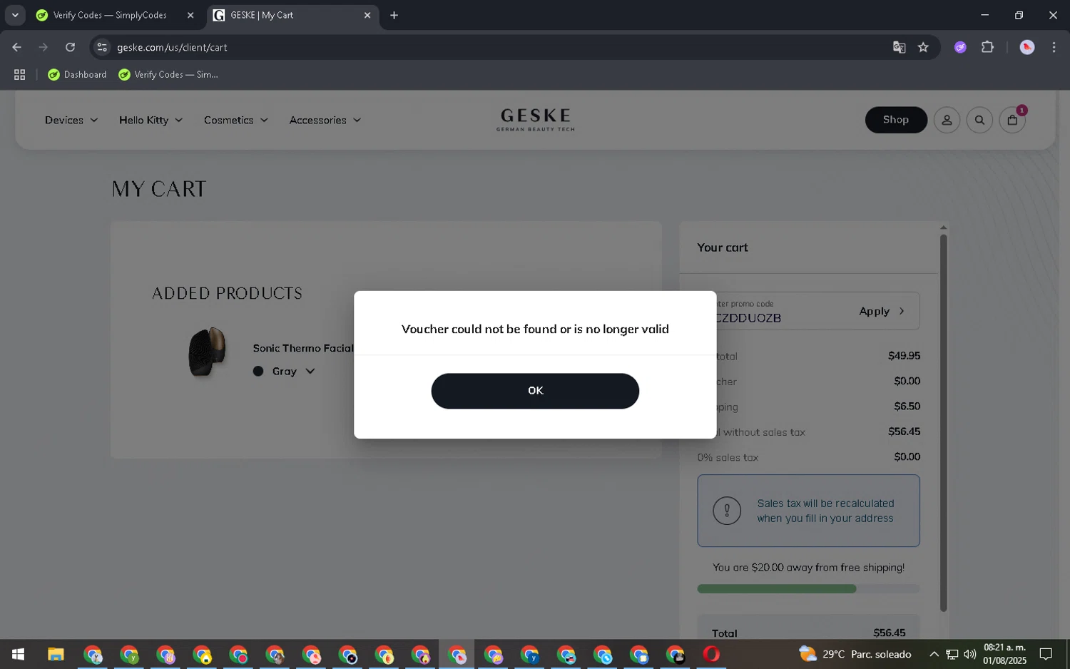 GESKE promo code screenshot showing code JCZDDUOZB applied at GESKE checkout page. Uploaded by SimplyCodes community member CrownAdmiral3396 on Aug 1, 2025