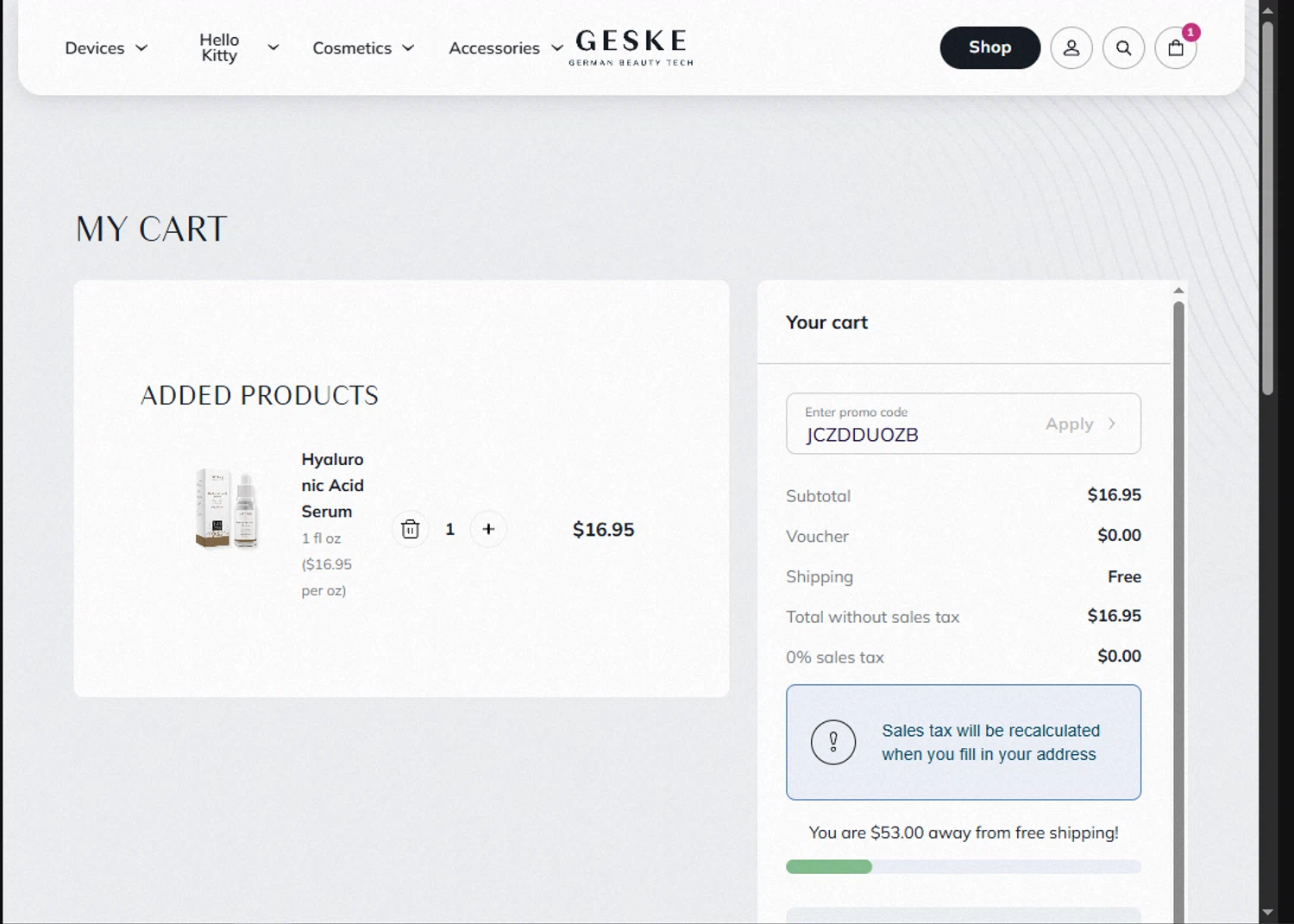 GESKE promo code screenshot showing code JCZDDUOZB applied at GESKE checkout page. Uploaded by SimplyCodes community member MoneyScout2554 on Jun 15, 2025