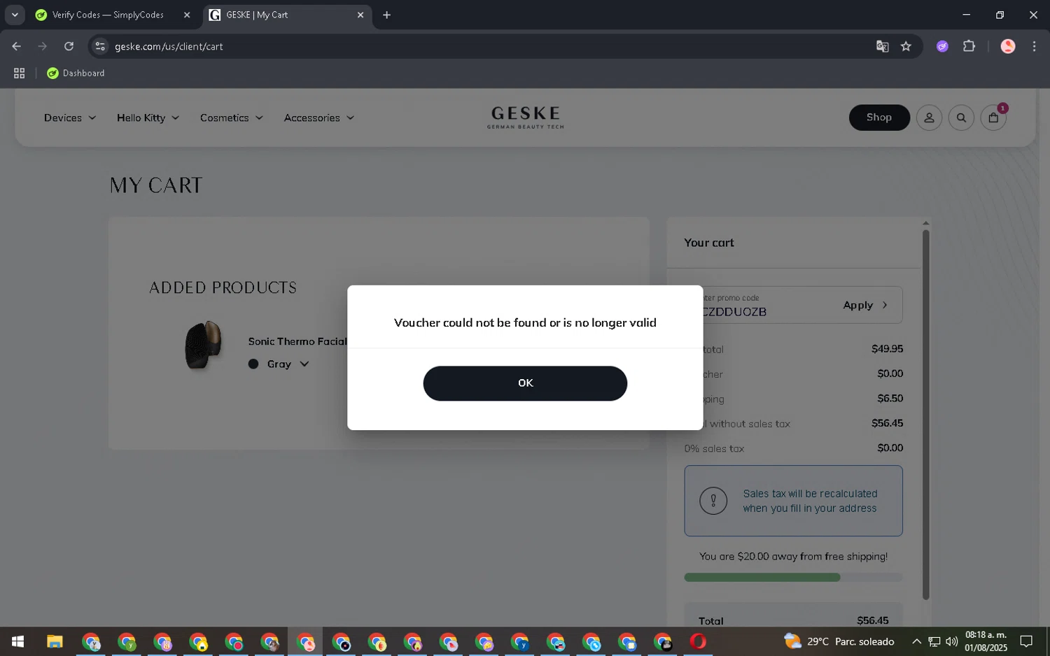 GESKE promo code screenshot showing code JCZDDUOZB applied at GESKE checkout page. Uploaded by SimplyCodes community member QuestSentinel9392 on Aug 1, 2025
