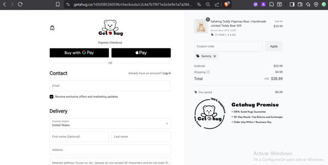 Getahug checkout page showing Getahug discount code box | Screenshot taken by SimplyCodes community member on Sep 16, 2025