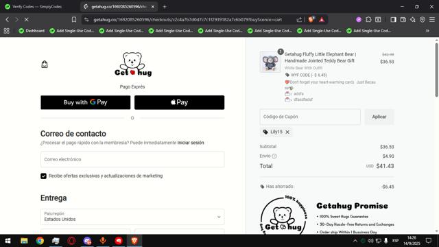 Getahug checkout page showing Getahug discount code box | Screenshot taken by SimplyCodes community member on Sep 14, 2025
