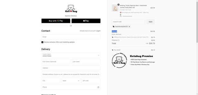Getahug checkout page showing Getahug discount code box | Screenshot taken by SimplyCodes community member on Sep 14, 2025