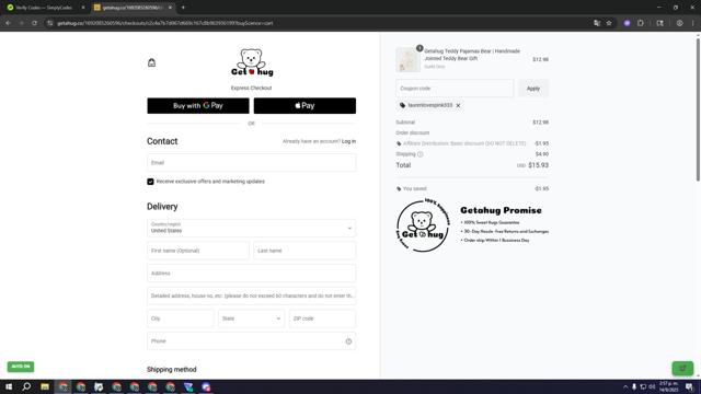 Getahug checkout page showing Getahug discount code box | Screenshot taken by SimplyCodes community member on Sep 14, 2025