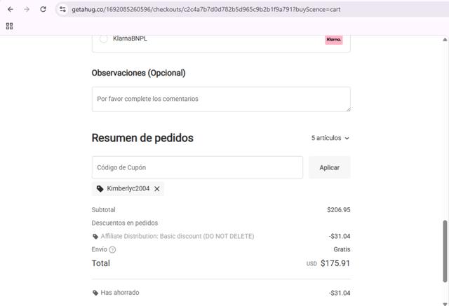 Getahug checkout page showing Getahug discount code box | Screenshot taken by SimplyCodes community member on Sep 14, 2025