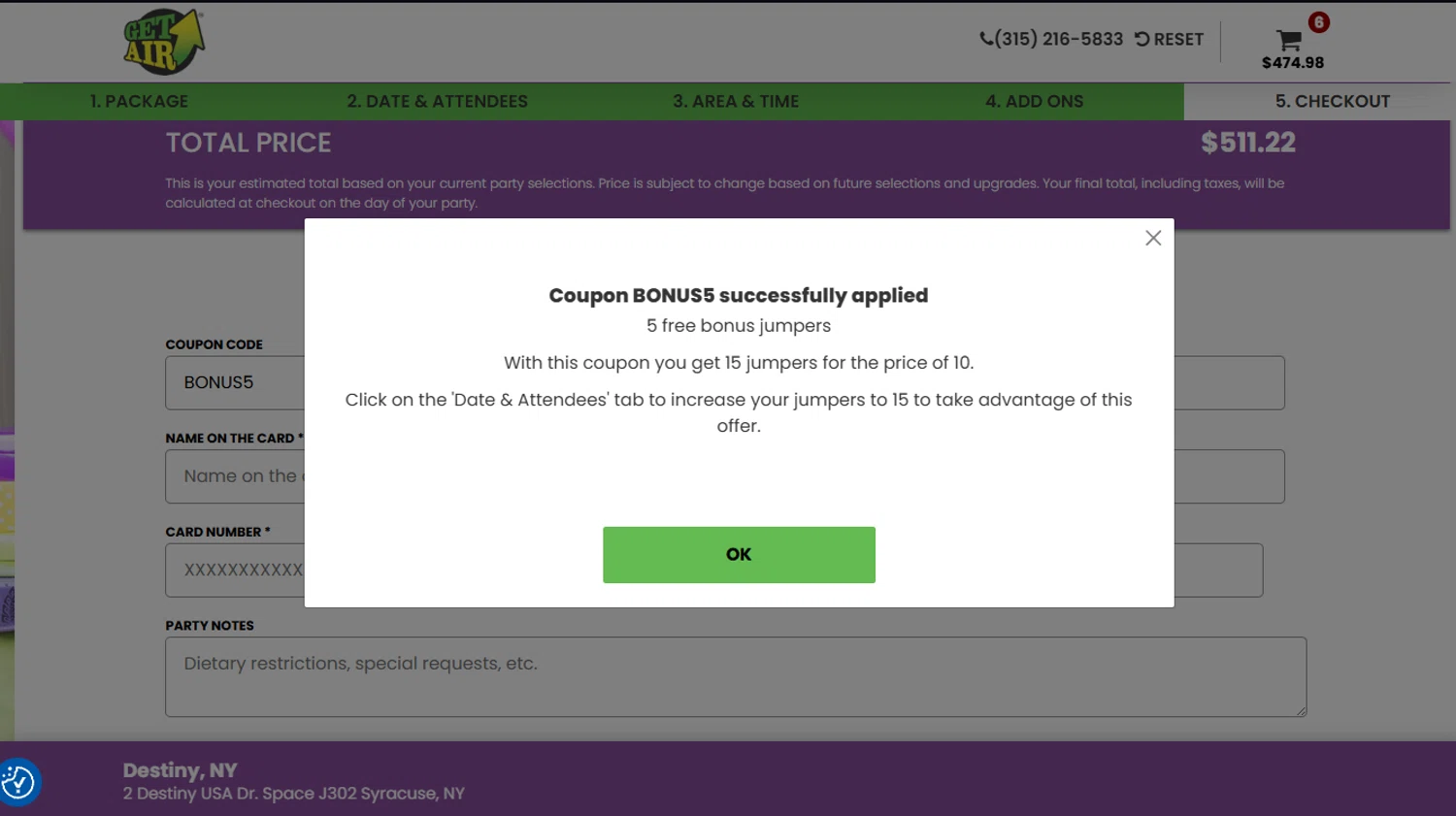 Get Air Trampoline Park coupon code screenshot showing code BONUS5 applied at Get Air Trampoline Park checkout page. Uploaded by SimplyCodes community member MagnificentTiger8908 on Mar 25, 2025