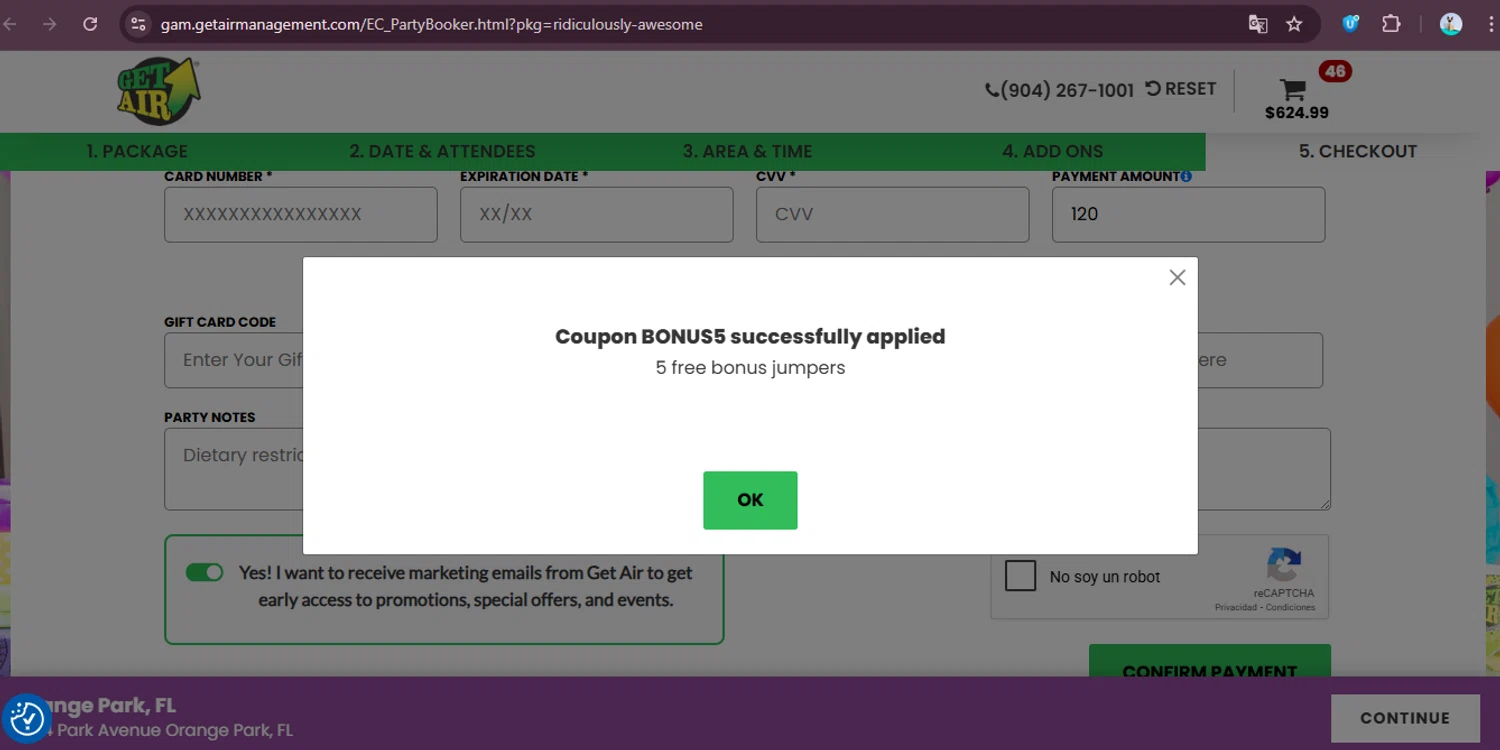 Get Air Trampoline Park coupon code screenshot showing code BONUS5 applied at Get Air Trampoline Park checkout page. Uploaded by SimplyCodes community member elgatobravo on Dec 8, 2025