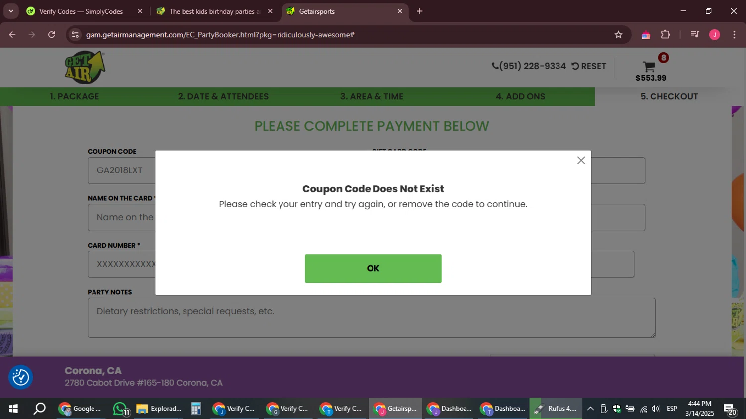 Get Air Trampoline Park coupon code screenshot showing code GET10 applied at Get Air Trampoline Park checkout page. Uploaded by SimplyCodes community member JackWilson63 on Mar 14, 2025