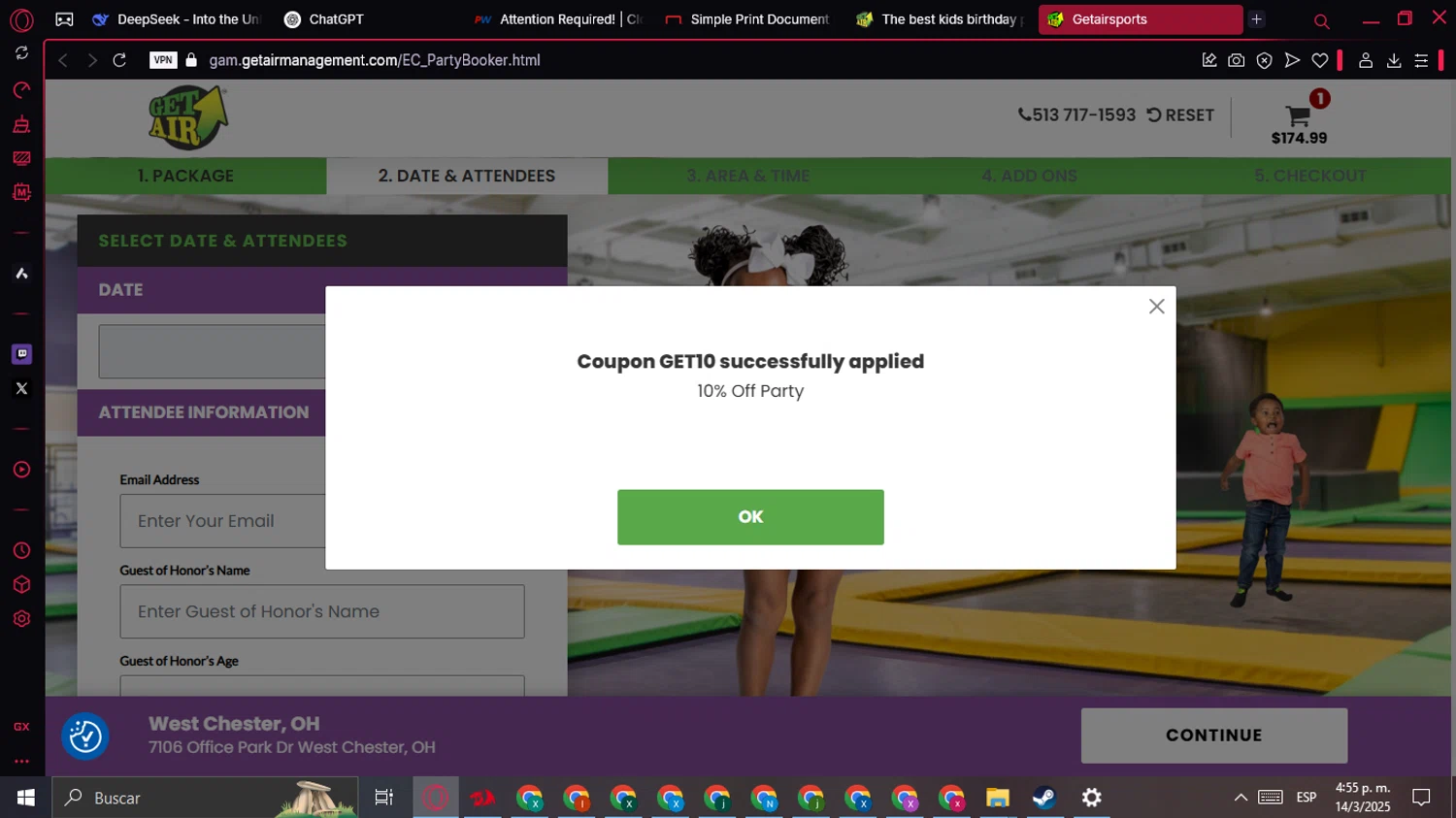 Get Air Trampoline Park coupon code screenshot showing code GET10 applied at Get Air Trampoline Park checkout page. Uploaded by SimplyCodes community member BonusWarden6019 on Mar 14, 2025