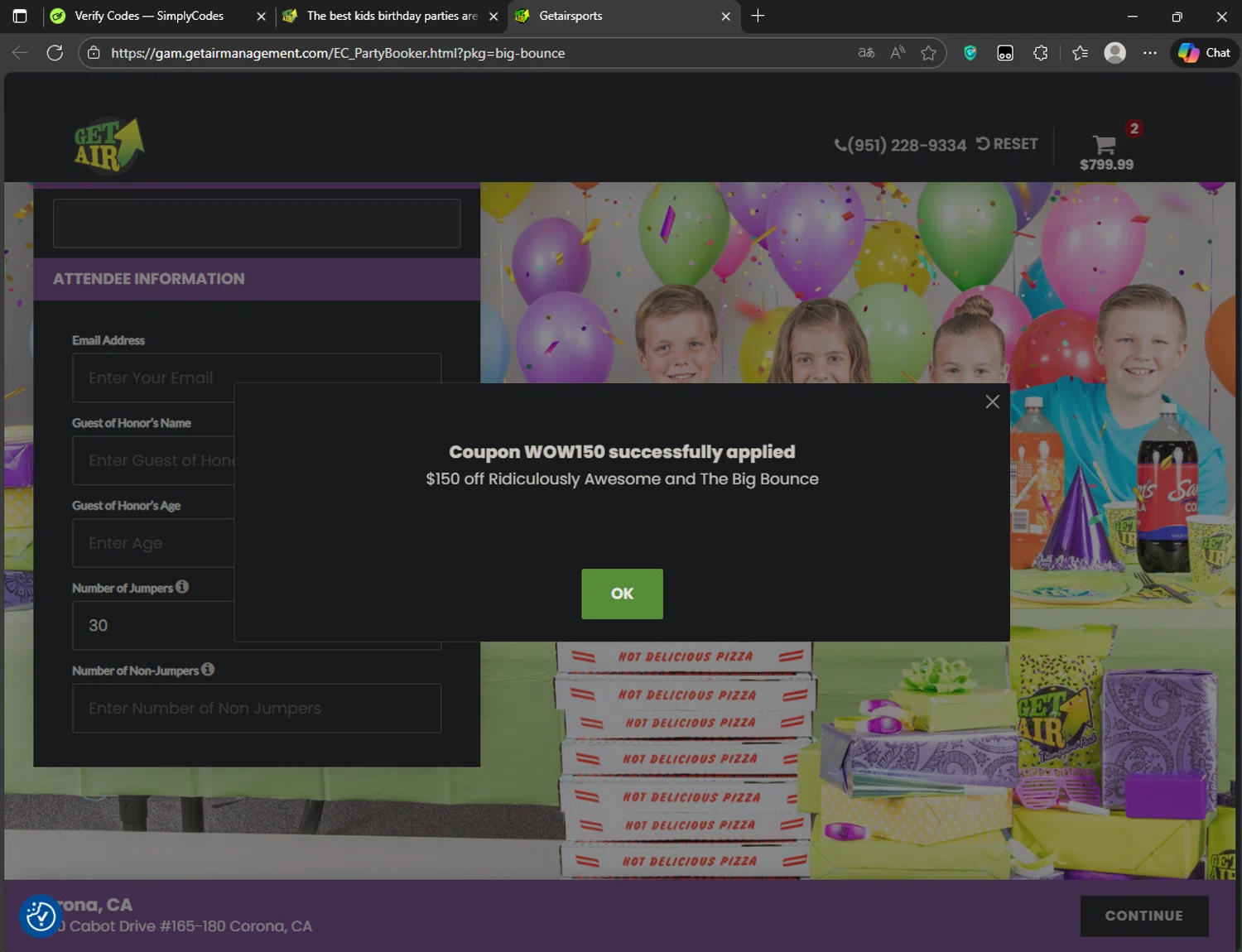 Get Air Trampoline Park checkout page showing Get Air Trampoline Park coupon code box | Screenshot taken by SimplyCodes community member on Nov 29, 2025