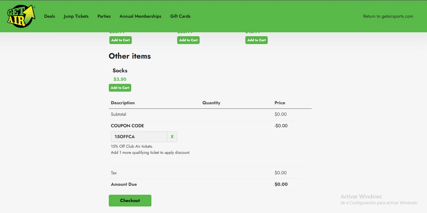 Get Air Trampoline Park coupon code screenshot showing code 15OFFCA applied at Get Air Trampoline Park checkout page. Uploaded by SimplyCodes community member Gaby04 on Oct 28, 2025