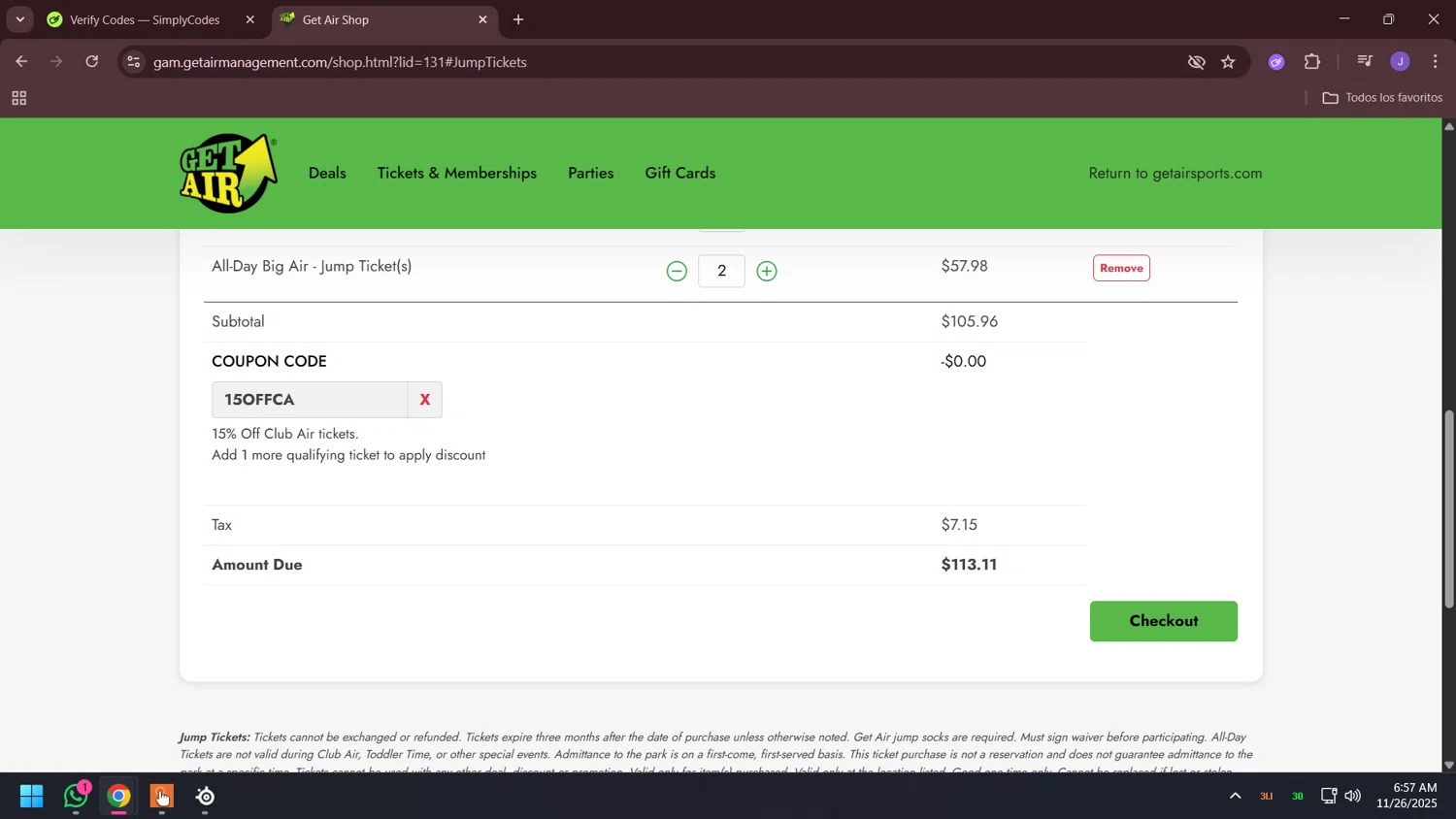 Get Air Trampoline Park coupon code screenshot showing code 15OFFCA applied at Get Air Trampoline Park checkout page. Uploaded by SimplyCodes community member Holadiablo on Nov 26, 2025