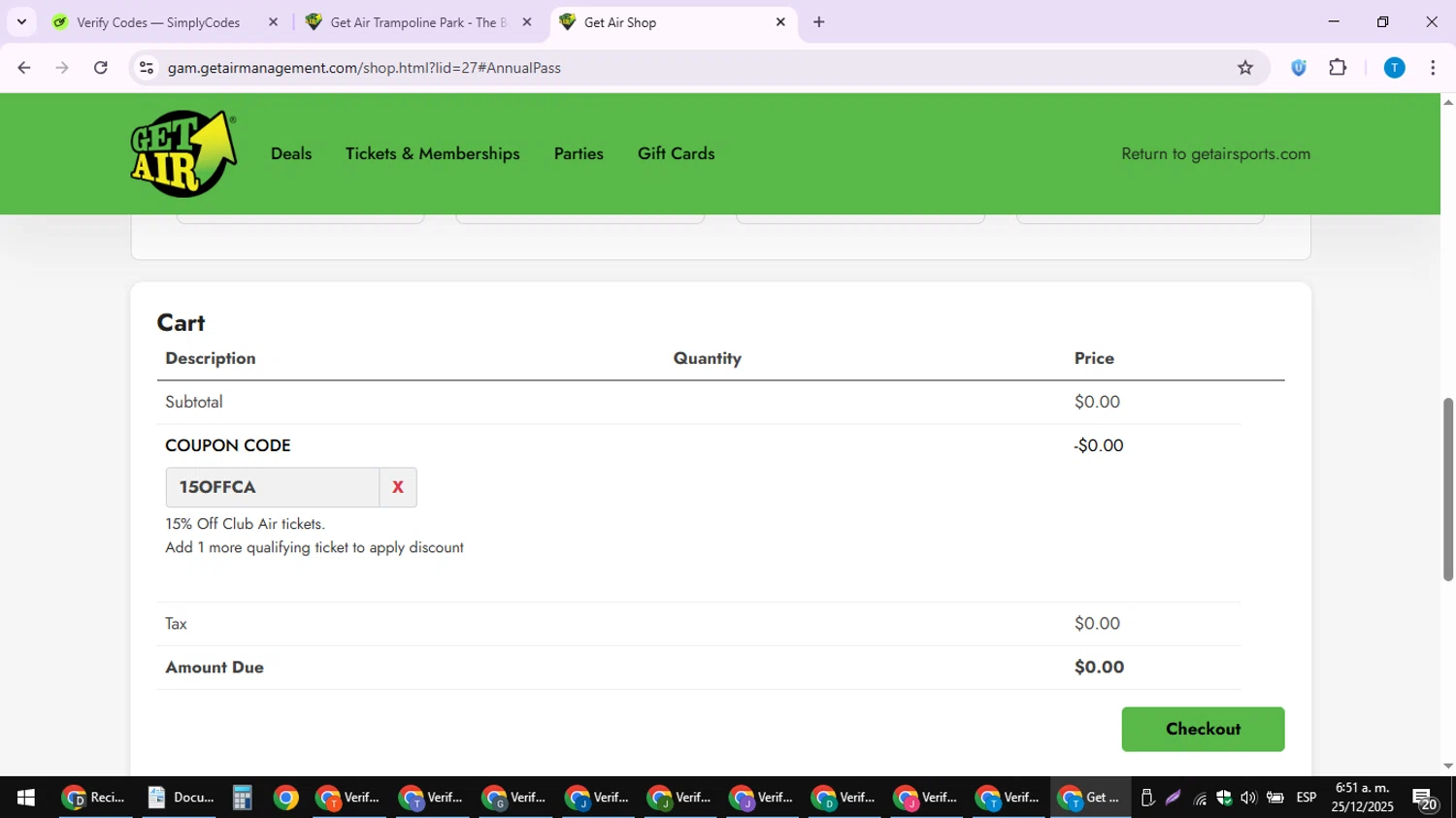 Get Air Trampoline Park coupon code screenshot showing code 15OFFCA applied at Get Air Trampoline Park checkout page. Uploaded by SimplyCodes community member LuckyPioneer4530 on Dec 25, 2025