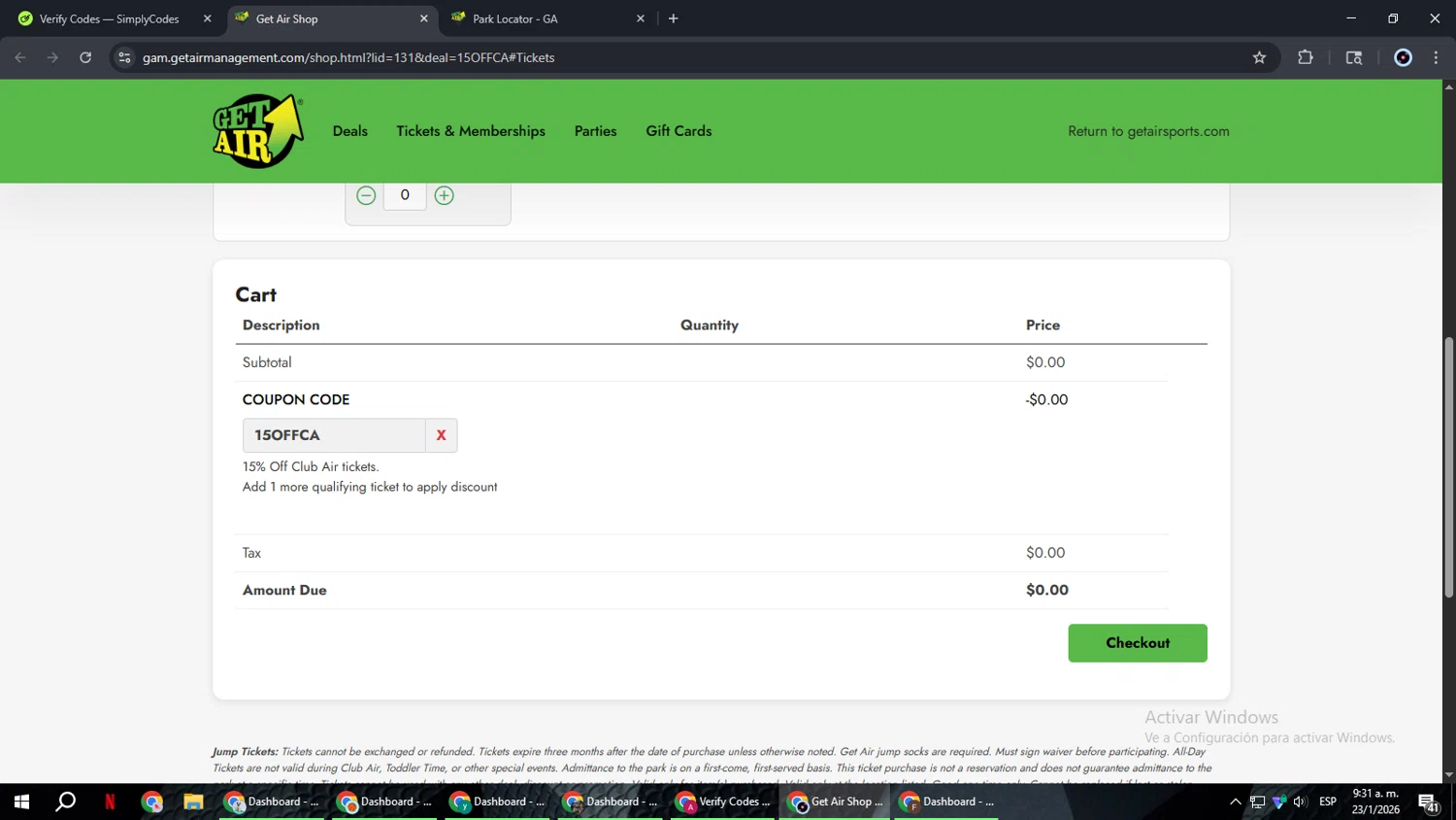 Get Air Trampoline Park checkout page showing Get Air Trampoline Park coupon code box | Screenshot taken by SimplyCodes community member on Jan 23, 2026