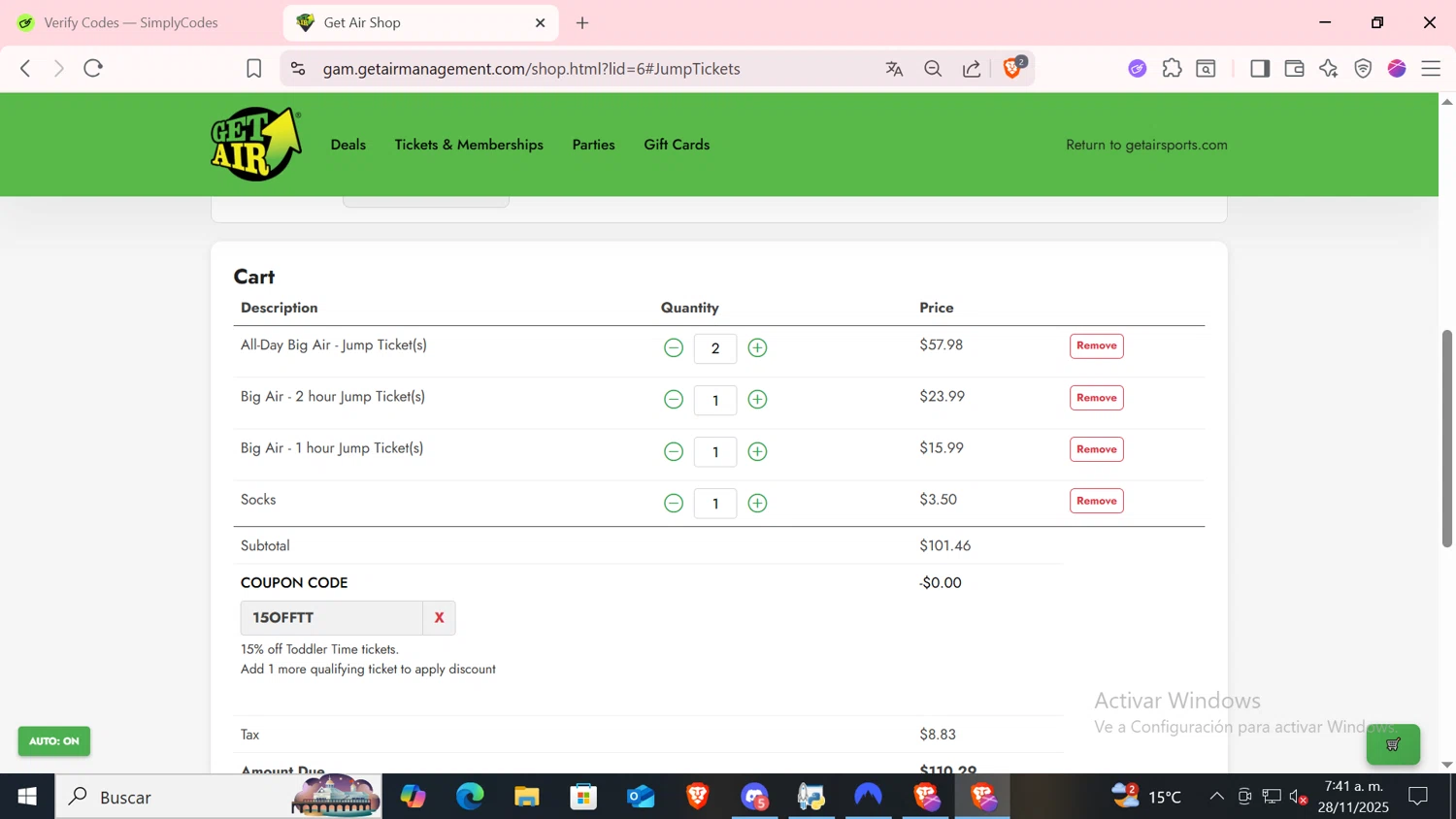 Get Air Trampoline Park checkout page showing Get Air Trampoline Park coupon code box | Screenshot taken by SimplyCodes community member on Nov 28, 2025