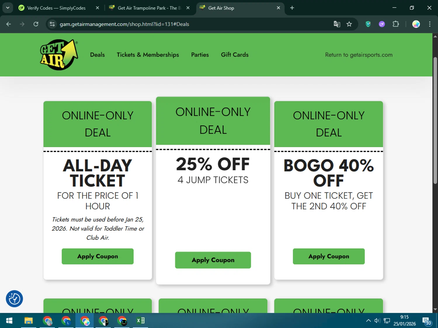 Get Air Trampoline Park coupon code screenshot showing code BOGO40 applied at Get Air Trampoline Park checkout page. Uploaded by SimplyCodes community member Estrellitacoairis on Jan 25, 2026