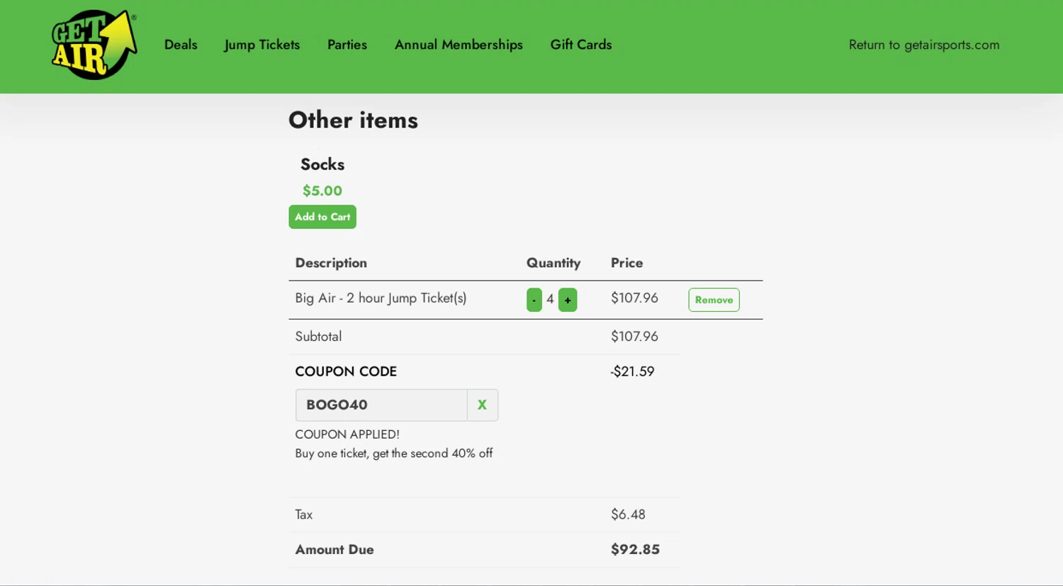 Get Air Trampoline Park coupon code screenshot showing code BOGO40 applied at Get Air Trampoline Park checkout page. Uploaded by SimplyCodes community member Yuskecoder426913 on Oct 30, 2025