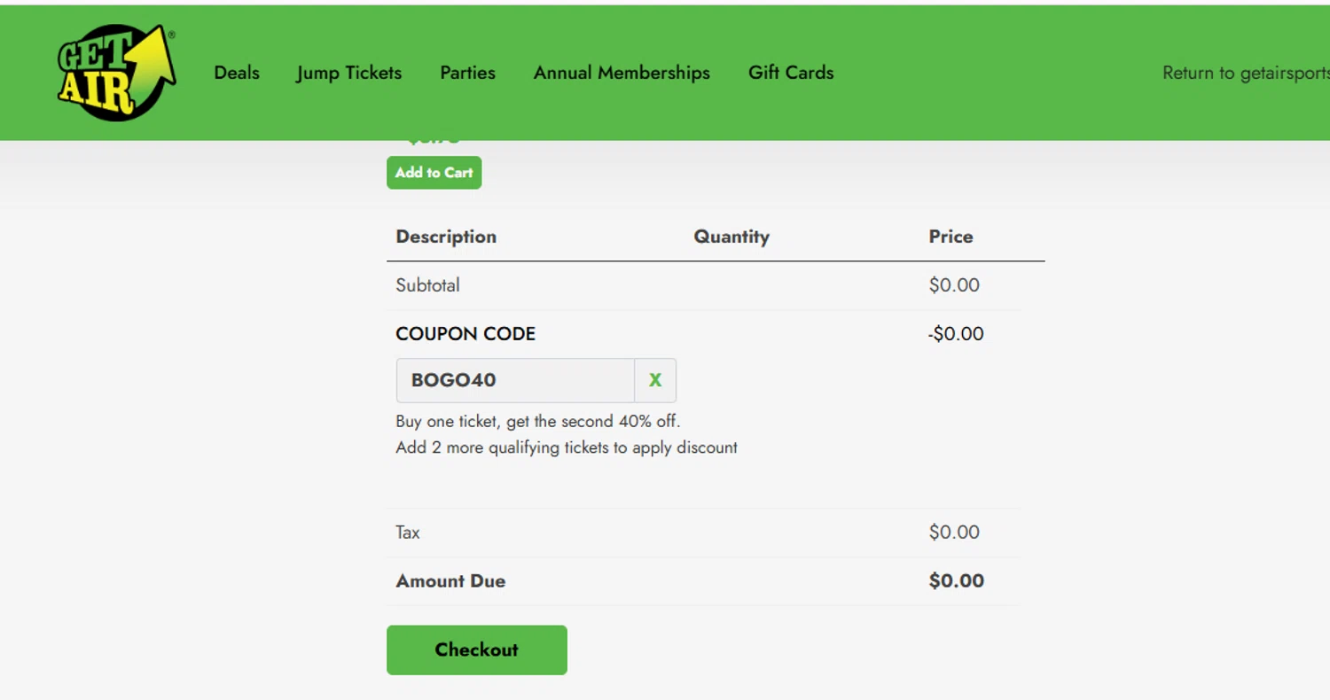 Get Air Trampoline Park coupon code screenshot showing code BOGO40 applied at Get Air Trampoline Park checkout page. Uploaded by SimplyCodes community member Dulce__ on Oct 30, 2025