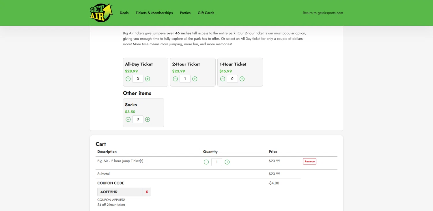 Get Air Trampoline Park coupon code screenshot showing code 4OFF2HR applied at Get Air Trampoline Park checkout page. Uploaded by SimplyCodes community member pabloprieto on Dec 29, 2025
