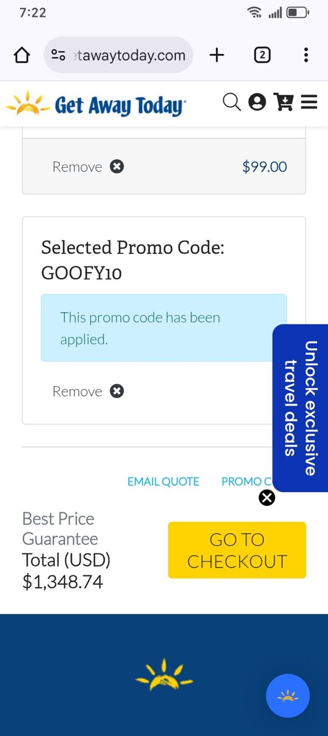 Get Away Today checkout page showing Get Away Today promo code box | Screenshot taken by SimplyCodes community member on Jul 22, 2025