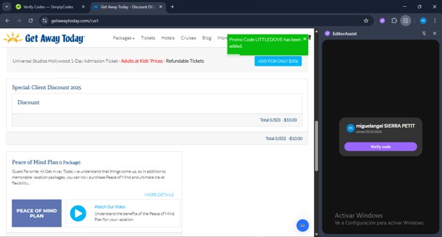 Get Away Today checkout page showing Get Away Today promo code box | Screenshot taken by SimplyCodes community member on Jul 29, 2025