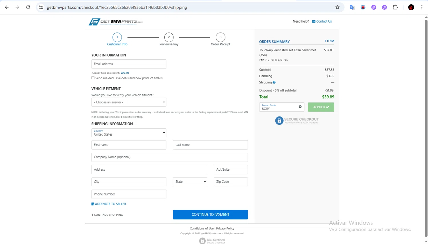 GetBMWparts.com promo code screenshot showing code BORY applied at GetBMWparts.com checkout page. Uploaded by SimplyCodes community member Francisco01 on Feb 3, 2026