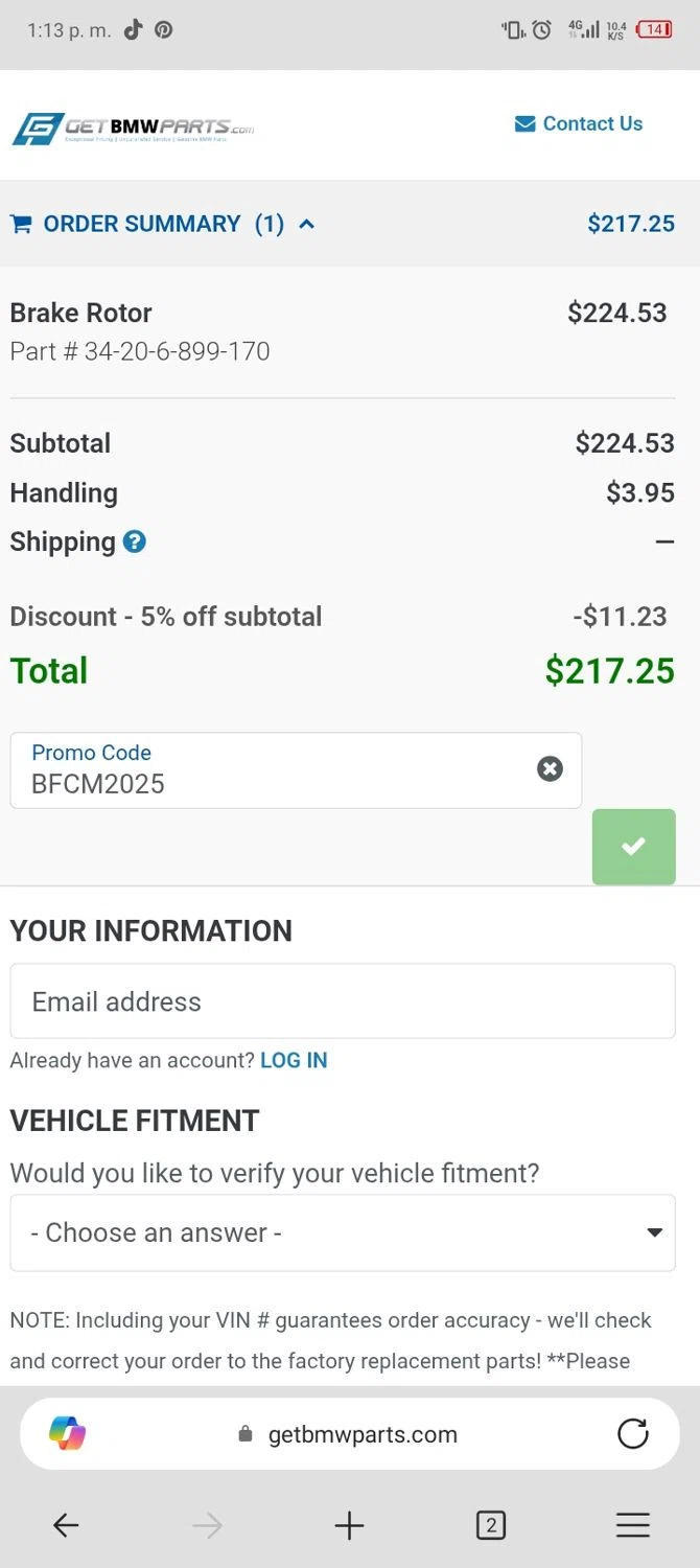 GetBMWparts.com promo code screenshot showing code BFCM2025 applied at GetBMWparts.com checkout page. Uploaded by SimplyCodes community member Enmanuel17 on Nov 28, 2025