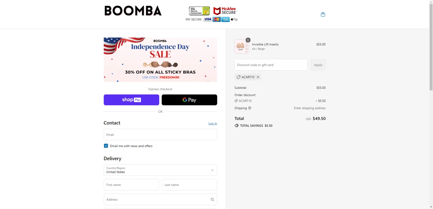 Boomba discount code screenshot showing code ACART10 applied at Boomba checkout page. Uploaded by SimplyCodes community member SilverChaser3269 on Jul 5, 2025