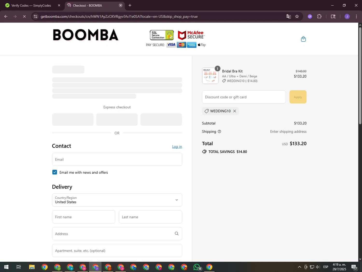 Boomba discount code screenshot showing code WEDDING10 applied at Boomba checkout page. Uploaded by SimplyCodes community member ValueHero2277 on Jul 29, 2025