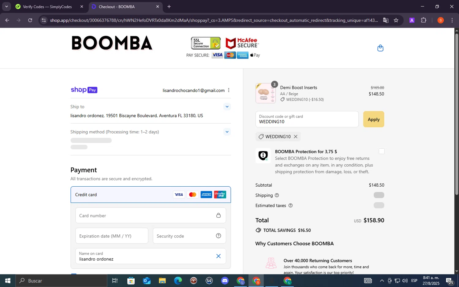 Boomba discount code screenshot showing code WEDDING10 applied at Boomba checkout page. Uploaded by SimplyCodes community member lacrita_pirueta on Aug 27, 2025
