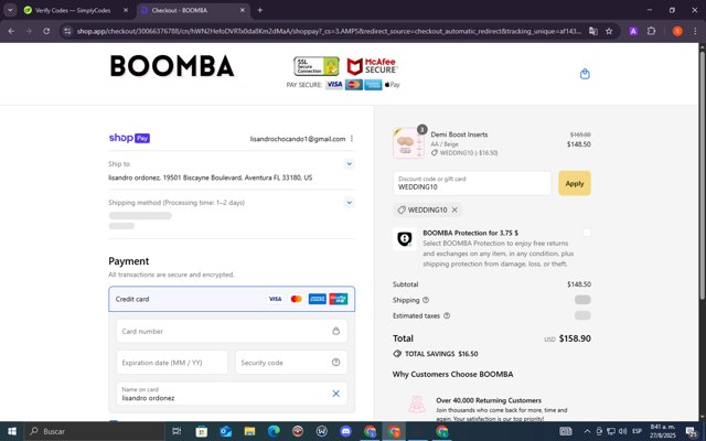 Boomba checkout page showing Boomba discount code box | Screenshot taken by SimplyCodes community member on Aug 27, 2025