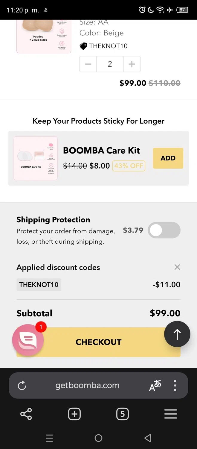 Boomba discount code screenshot showing code THEKNOT10 applied at Boomba checkout page. Uploaded by SimplyCodes community member ElrubiusOMG on Apr 21, 2025