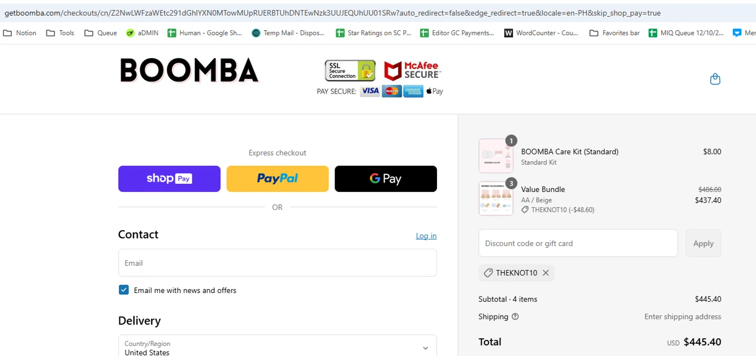 Boomba discount code screenshot showing code THEKNOT10 applied at Boomba checkout page. Uploaded by SimplyCodes community member PopomsPapa on Mar 31, 2025