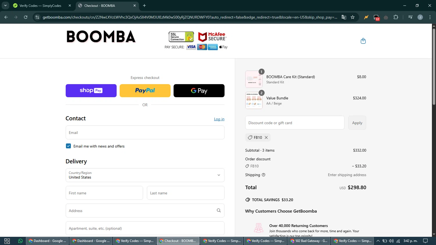 Boomba discount code screenshot showing code FB10 applied at Boomba checkout page. Uploaded by SimplyCodes community member CashShopper1214 on Apr 7, 2025