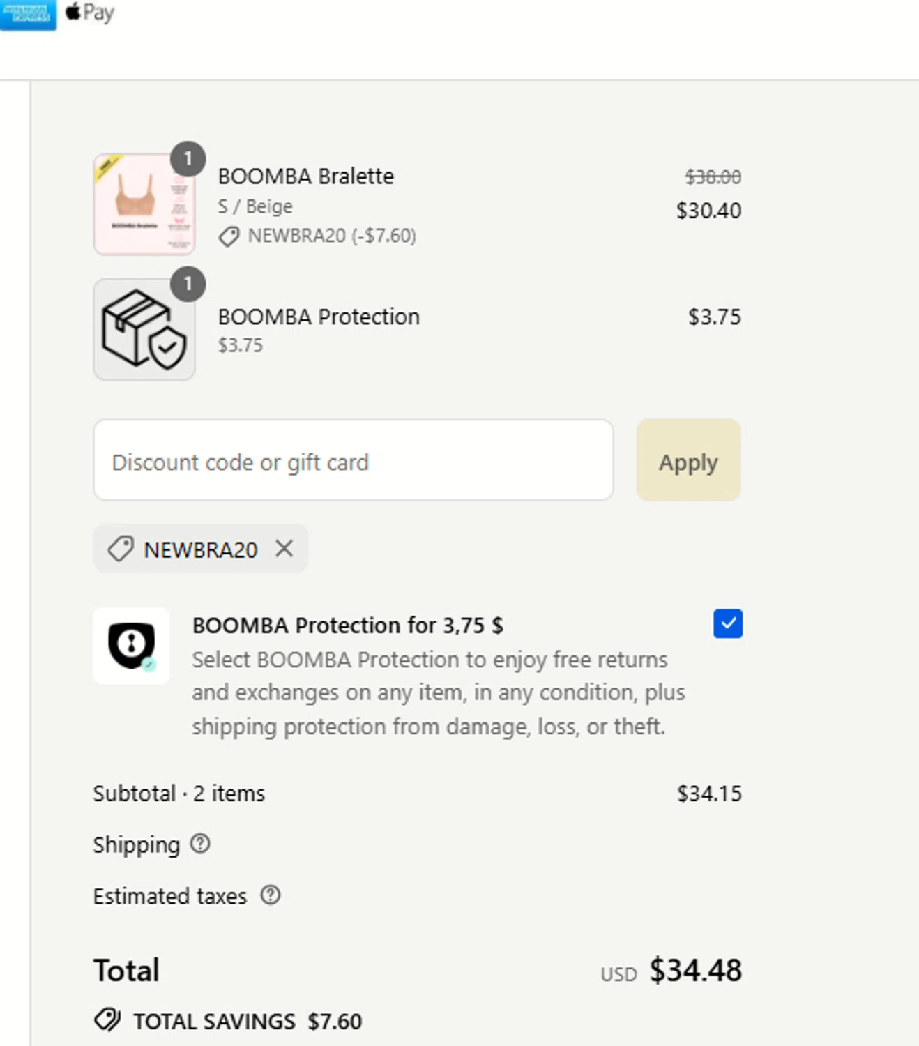 Boomba discount code screenshot showing code NEWBRA20 applied at Boomba checkout page. Uploaded by SimplyCodes community member mangoBajito1543 on Aug 27, 2025