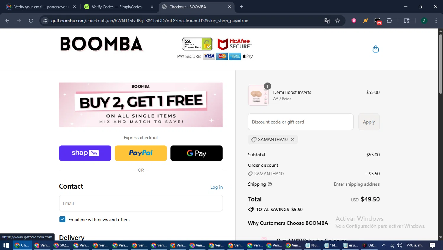 Boomba discount code screenshot showing code SAMANTHA10 applied at Boomba checkout page. Uploaded by SimplyCodes community member ShrewdAce7935 on Jul 25, 2025