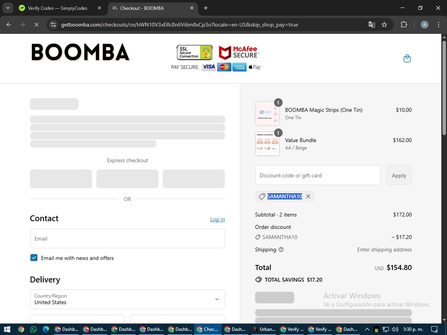 Boomba discount code screenshot showing code SAMANTHA10 applied at Boomba checkout page. Uploaded by SimplyCodes community member trippieredd on Jul 24, 2025