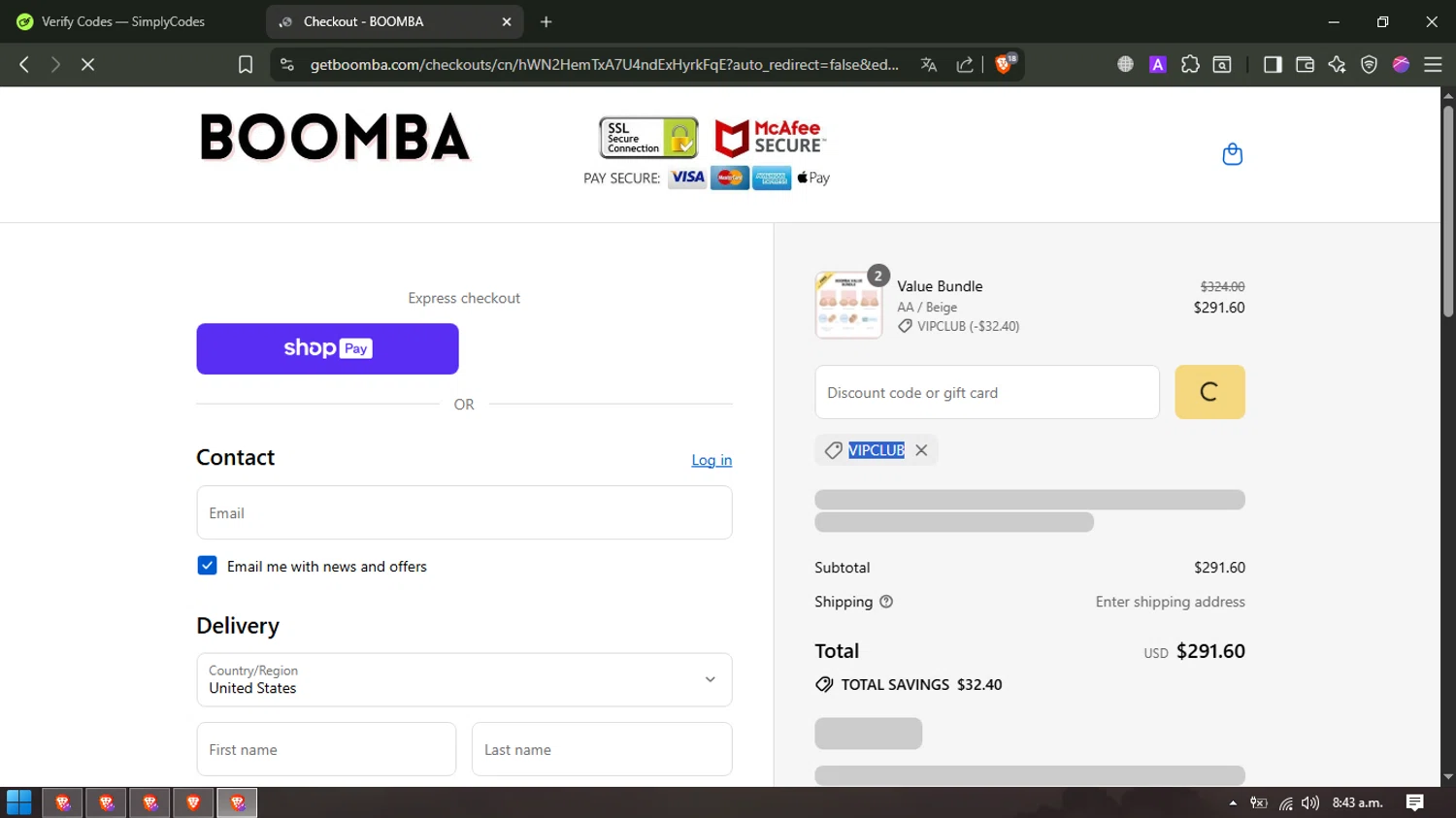 Boomba discount code screenshot showing code VIPCLUB applied at Boomba checkout page. Uploaded by SimplyCodes community member hectorpetit1 on Aug 27, 2025