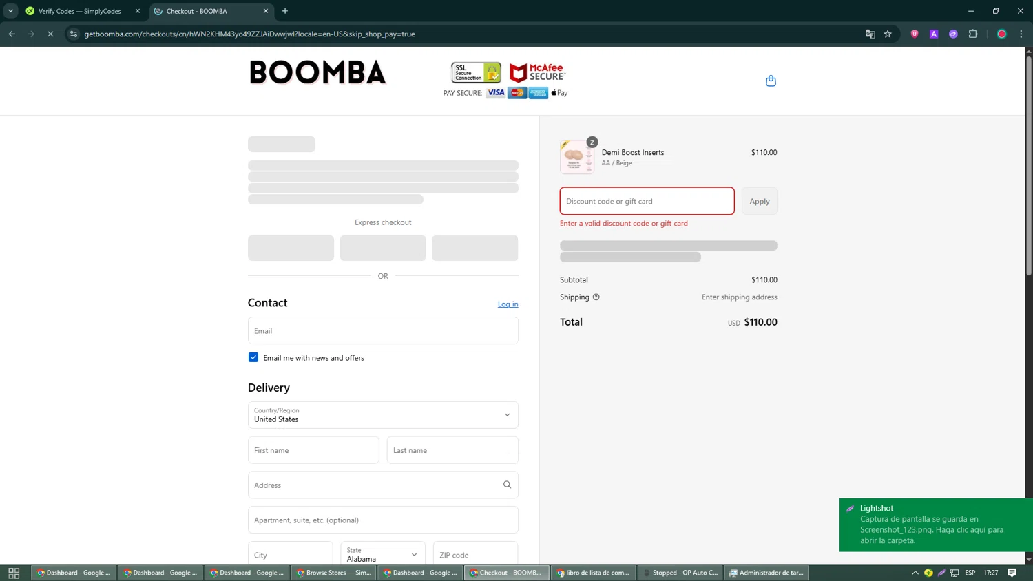 Boomba discount code screenshot showing code SHAYNA52872 applied at Boomba checkout page. Uploaded by SimplyCodes community member William_Jones on Aug 28, 2025