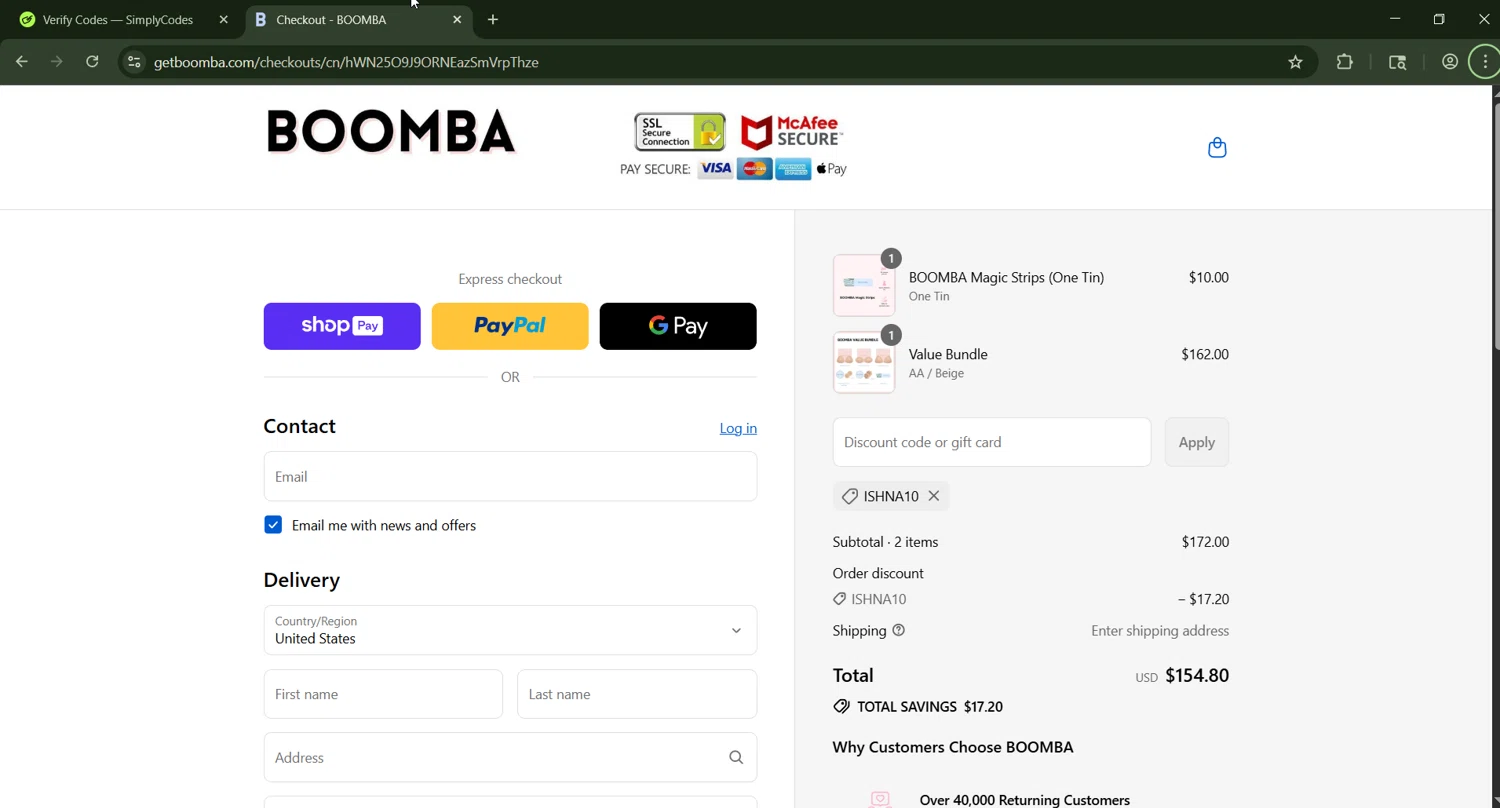 Boomba discount code screenshot showing code ISHNA10 applied at Boomba checkout page. Uploaded by SimplyCodes community member CashWizard4502 on Aug 22, 2025