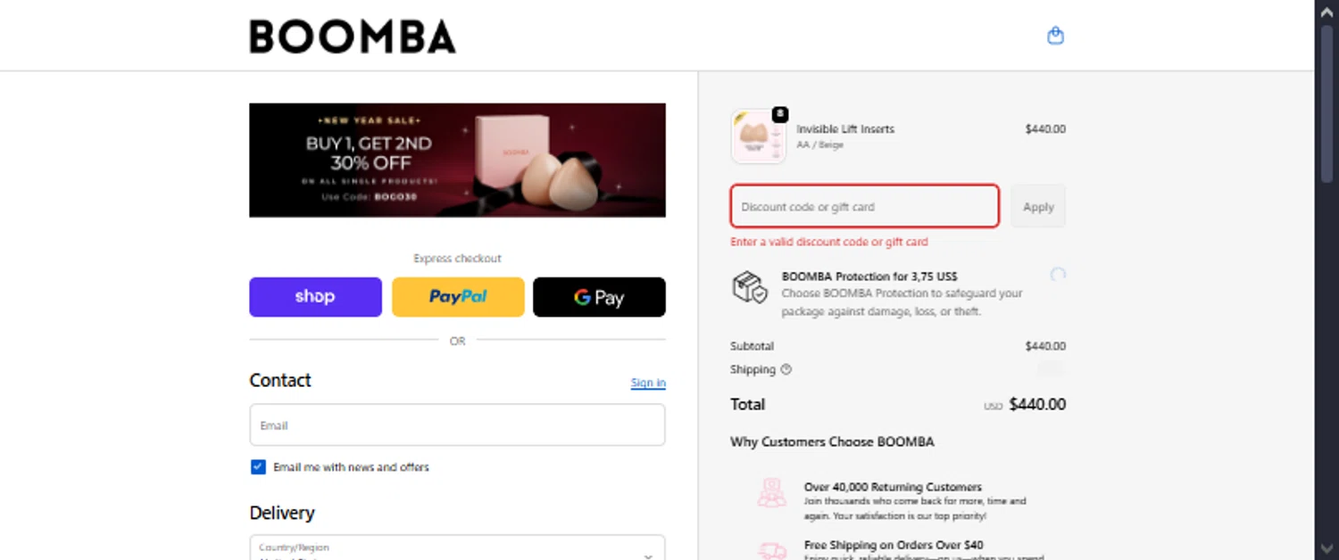 Boomba promo code screenshot showing code ELENAMAE41217 applied at Boomba checkout page. Uploaded by SimplyCodes community member TraxoGamer on Jan 3, 2026