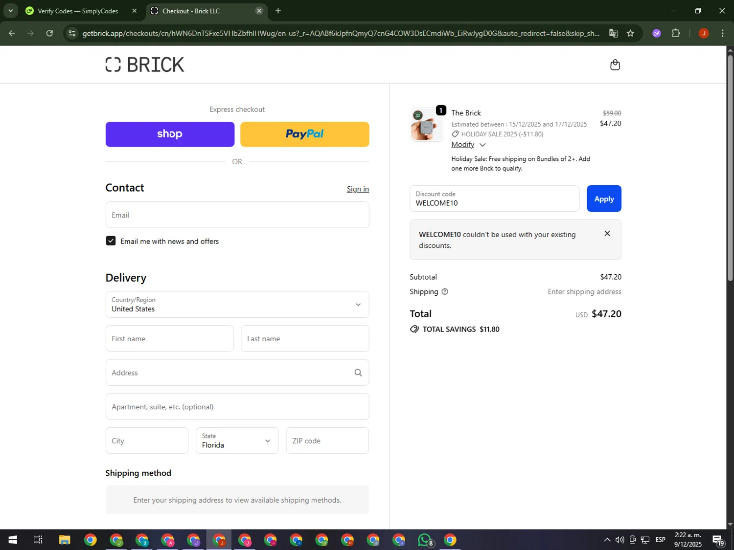 Getbrick.app promo code screenshot showing code WELCOME10 applied at Getbrick.app checkout page. Uploaded by SimplyCodes community member KimDokja on Dec 9, 2025