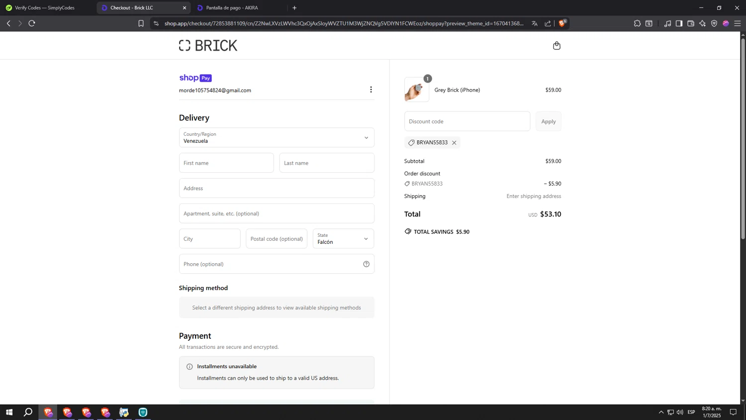 Getbrick.app promo code screenshot showing code BRYAN55833 applied at Getbrick.app checkout page. Uploaded by SimplyCodes community member kkkkkkkkkkkkkkkkkkkk on Jul 1, 2025