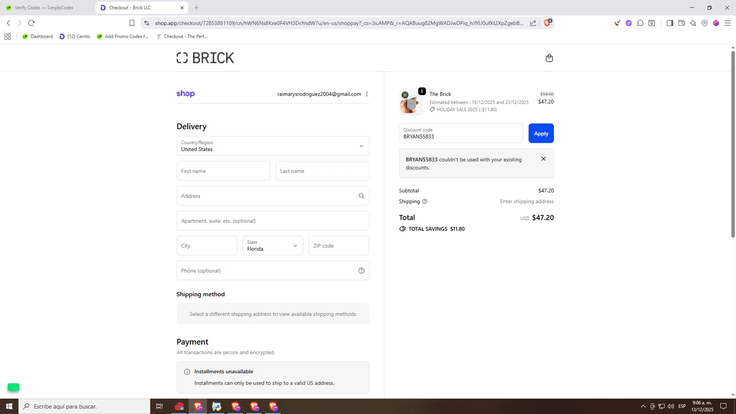 Getbrick.app promo code screenshot showing code BRYAN55833 applied at Getbrick.app checkout page. Uploaded by SimplyCodes community member Nezukooo on Dec 13, 2025