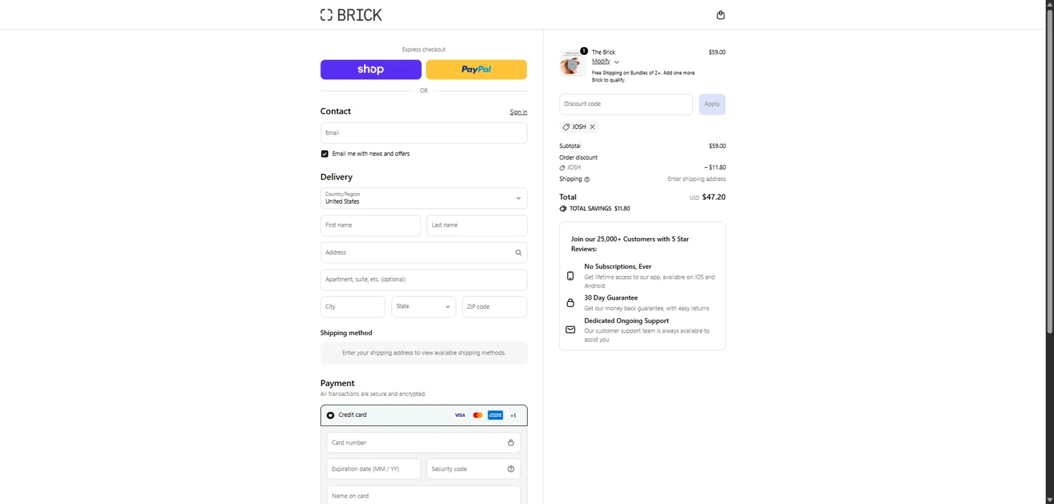 Getbrick.app checkout page showing Getbrick.app promo code box | Screenshot taken by SimplyCodes community member on Feb 5, 2026