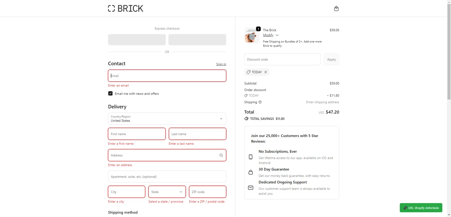 Getbrick.app checkout page showing Getbrick.app promo code box | Screenshot taken by SimplyCodes community member on Feb 5, 2026